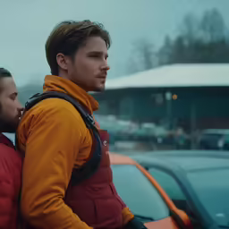 a man is standing next to another men back
