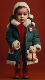 a toddler girl in a jacket and hat wearing winter clothes