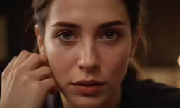 a woman with brown hair is staring at the camera