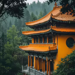 an orange and red building with a tower in the background