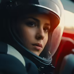 a woman sitting in a car with a helmet on
