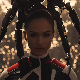 a female with an artificial head and sci - fi outfits on