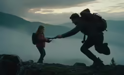 two people walking on the top of a hill