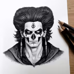 an ink drawing of a character, the joker
