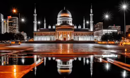 a night scene of a building with its lights on