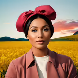 a woman wearing a red bow headpiece posing in a wheat field