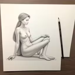a drawing of a woman sitting on the floor with a pencil and a blank canvas in front of her,this woman is seated on the floor with her legs crossed