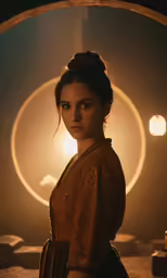 a woman wearing a brown dress standing in front of a circle
