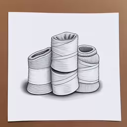 a pencil drawing of three rolls of white paper,three coils of thread, one large and the other small
