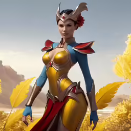 a woman with a sword, wearing a armor and red cape