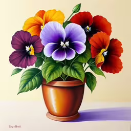 the flowers are placed inside the pot together,a painting of a potted plant with brightly colored pansies