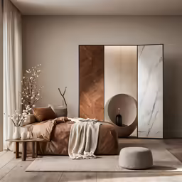 a room with a chair, table and bed