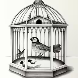 a black and white drawing of birds in a birdcage,a bird in a cage with one eye open,a drawing of a bird inside of a cage,drawing of birds inside of a birdcage,this drawing of a birdcage is very unique