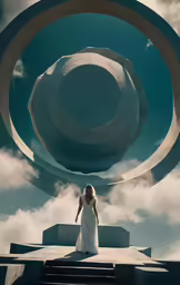 there is a woman in white standing under the sculpture