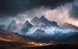 the mountains covered in storm clouds, with trees in foreground