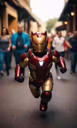 a toy running on the sidewalk with people around