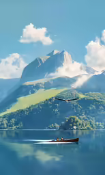 a boat with an airplane flying over mountains and a lake