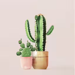 two cactuses and one of them is in a pink pot,a cactus plant is shown in three pots