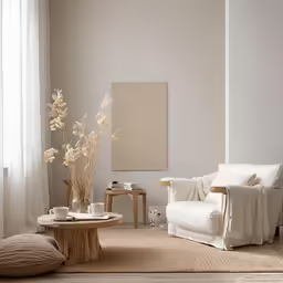 the minimal living room features neutral colors and furnishings