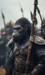 a monkey with a spear in front of a group of men