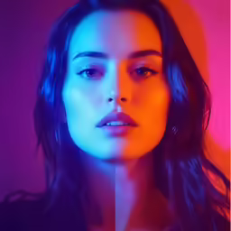 a woman with a black top in an orange, blue and pink background