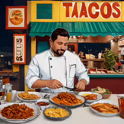 a painting of a chef cutting food on plates,a man is preparing food on white plates