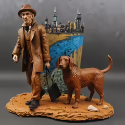 a figurine man with a dog holding a shopping bag