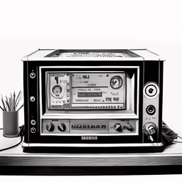the old radio sits on the shelf next to the houseplant