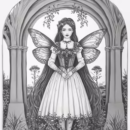 a woman with large wings standing under an arch