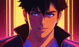 a man with blue eyes standing next to a neon background,a digital art style portrait of a man with dark hair, wearing a black jacket and a blue shirt