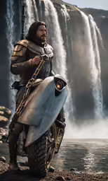 a man in armor is carrying a sword and a surfboard