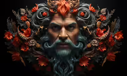 this is a head portrait of a man with red flowers and branches around his head