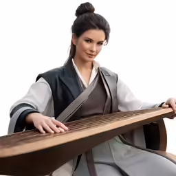 a woman sitting with a large piece of wood
