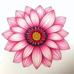 a drawing of a pink and yellow flower,the drawing of the flower is drawn in pink