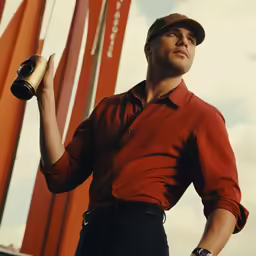 a man holding up an item next to an orange structure