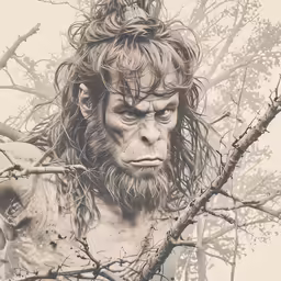 a creature with a long beard surrounded by trees