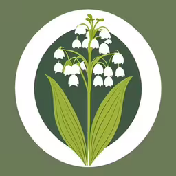 a white and green design has lily of the valley flowers,the round emblem has lilies and a green stem on it