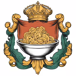 a bowl of noodles with a crown on top of it