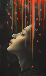 a woman looks up at the falling orange leaves