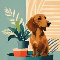 a small brown dog sitting next to a plant