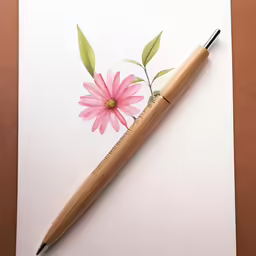 pink flower drawn on white paper with wooden object