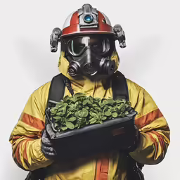 a man wearing a gas mask and holding a tray of basil