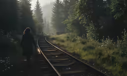 a person with long hair is walking down the train track