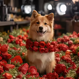 a dog with roses collar on sitting in a field