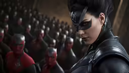 woman in catsuit and mask with another female in background