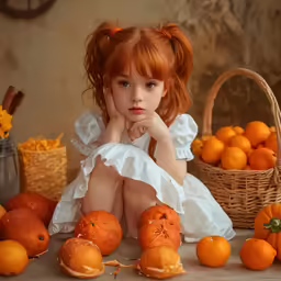 a child sitting on a table next to oranges