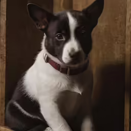 a dog sits on the floor, wearing a collar