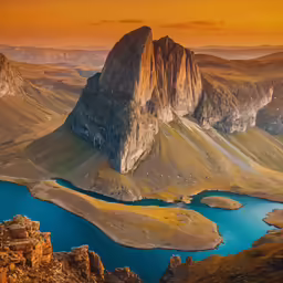 a mountain scene with a large body of water