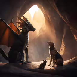 the two large dragon are sitting near a small dog