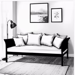 black and white photograph of a couch in a living room